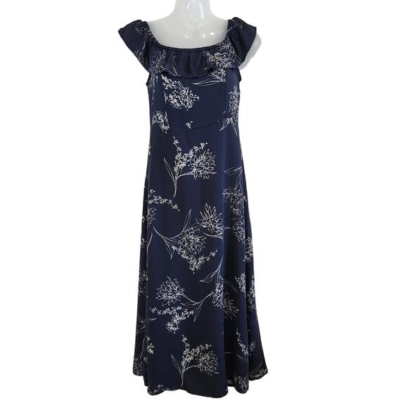 Carly Jean Off The Shoulder Midi Dress Ruffled Floral Navy Blue White Size Small - Picture 1 of 8
